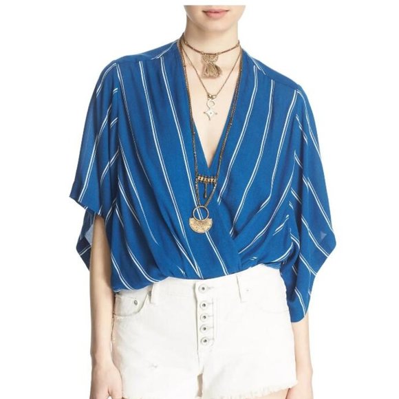 NWT Free People Stripe Kimono Sleeve Top Blue S - Picture 1 of 6